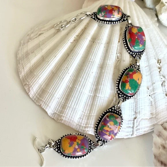 Colorful River Silica Stone Silver Bracelet - Picture 4 of 5